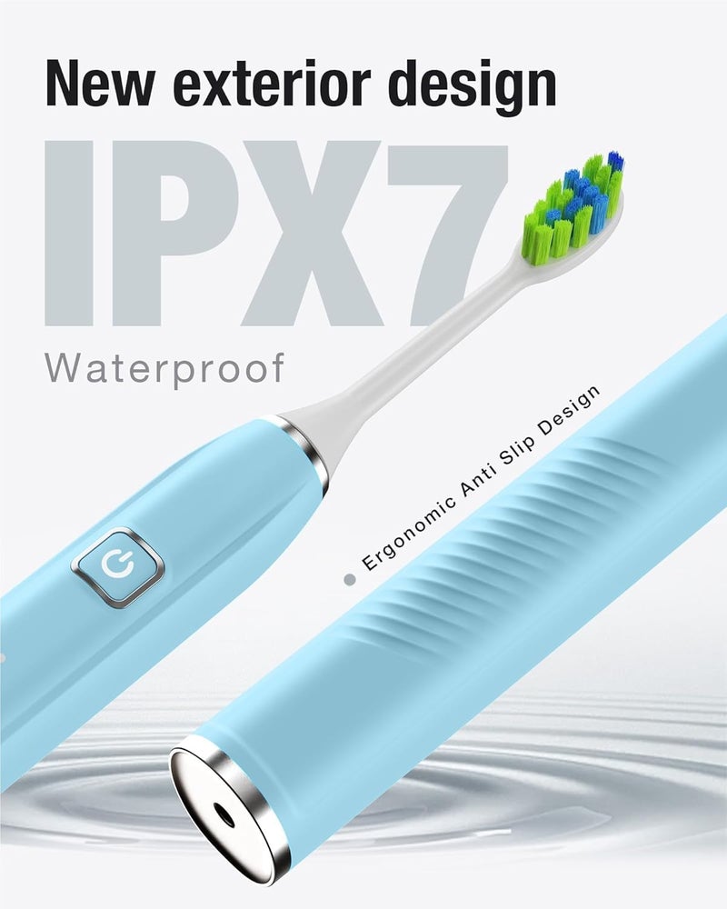 7AM2M Ultrasonic Electric Toothbrush with 6 Brush Heads for Adults&Kids, One Charge for 120 Days, USB-C Charge, 5 Modes, 40000VPM Powered Toothbrush, 2 Minutes Built in Smart Timer (Light Blue) - Image 4